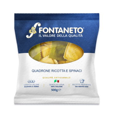 FONTANETO Ravioli Quadrone ripieno ricotta e spinaci 4 x (21~ x 23 g = 500 g)=2 kg - TMC 3 settimane - 5/6 minuti di cottura