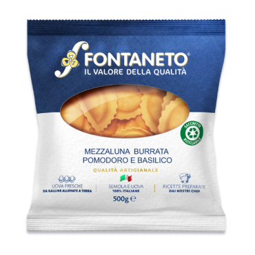 FONTANETO Ravioli Mezzaluna ripieno burrata, pomodoro e basilico - 4 x (27~ x 18 g = 500 g) =2 kg - TMC 3 settimane - 5 minuti di cottura